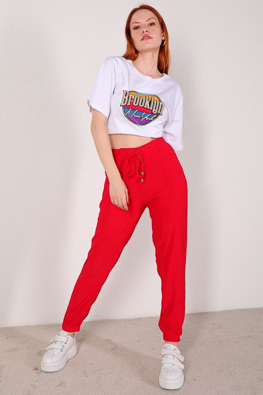 PNT-07288 Kırmızı Salaş Model Bel Lastikli Pantolon