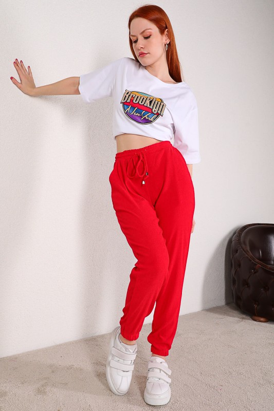 PNT-07288 Kırmızı Salaş Model Bel Lastikli Pantolon