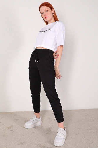 PNT-07288 Siyah Salaş Model Bel Lastikli Pantolon - Thumbnail