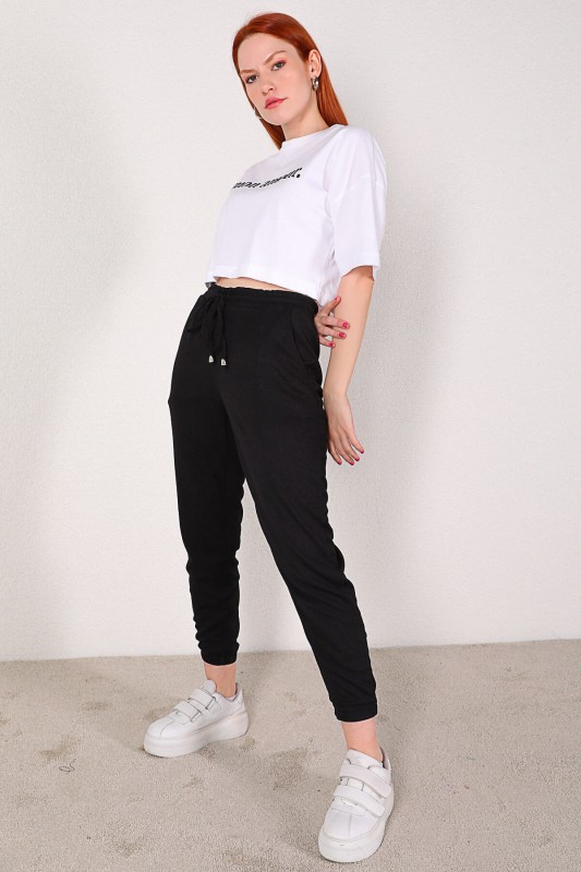 PNT-07288 Siyah Salaş Model Bel Lastikli Pantolon