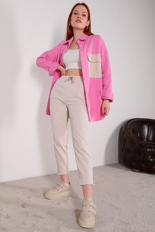 PNT-07289 Krem Püskül Paça Detaylı Düz Pantolon