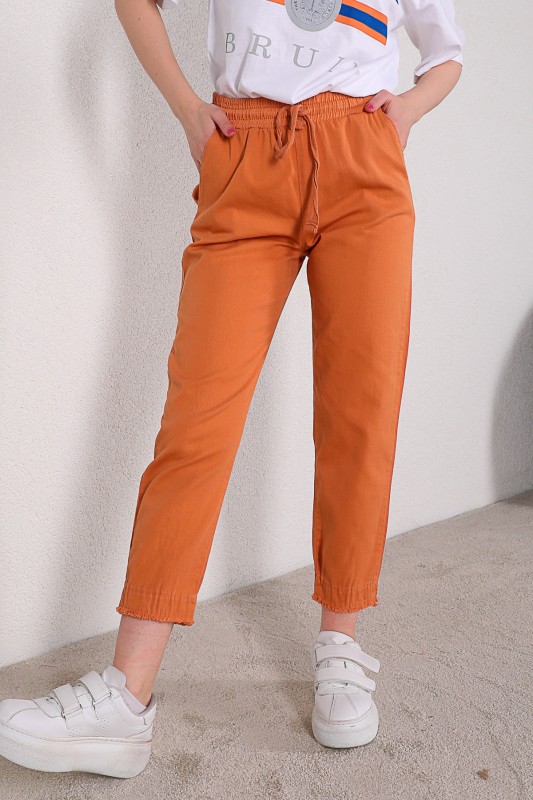 PNT-07289 Turuncu Püskül Paça Detaylı Düz Pantolon