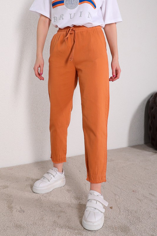 PNT-07289 Turuncu Püskül Paça Detaylı Düz Pantolon