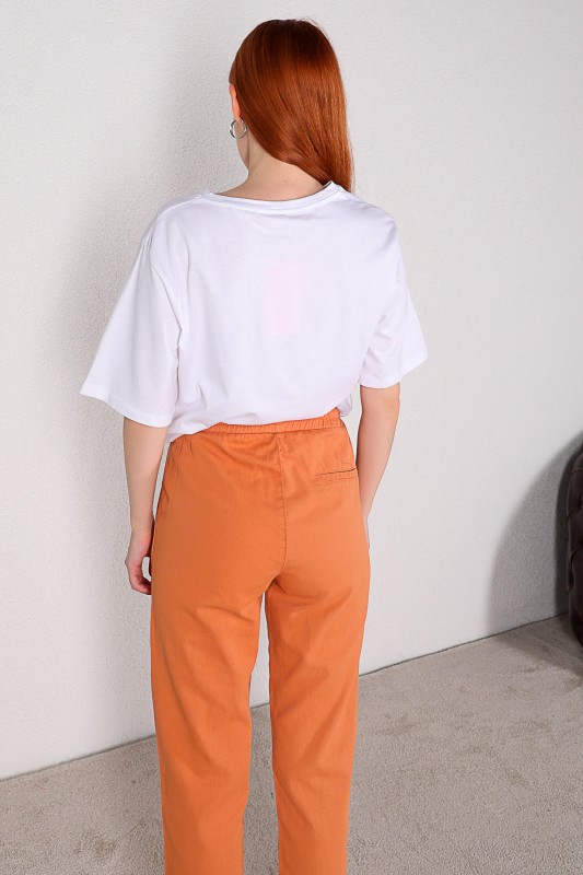 PNT-07289 Turuncu Püskül Paça Detaylı Düz Pantolon