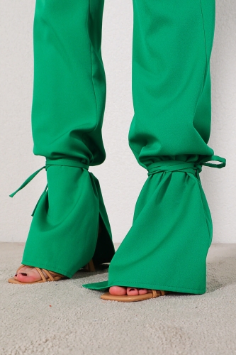 PNT-07290 Yeşil Paça Bağlamalı Yüksek Bel Atlas Kumaş Pantolon - Thumbnail