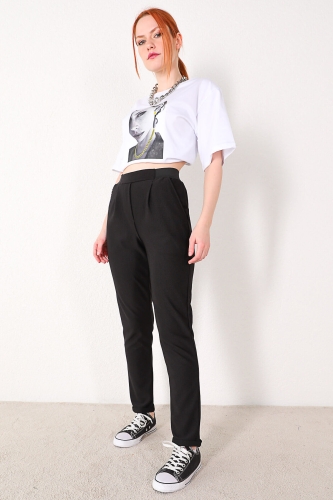 Cappmoda - PNT-07291 Siyah Fitilli Kumaş Havuç Pantolon (1)