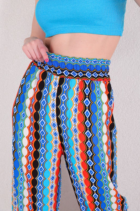 PNT-07295 Mavi Etnik Renkli Desenli Lastikli Salaş Pantolon