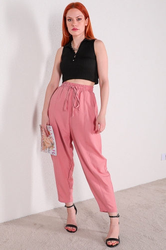 PNT-07296 Pudra Bel Lastikli Keten Kumaş Şalvar Model Pantolon - Thumbnail