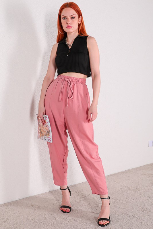PNT-07296 Pudra Bel Lastikli Keten Kumaş Şalvar Model Pantolon