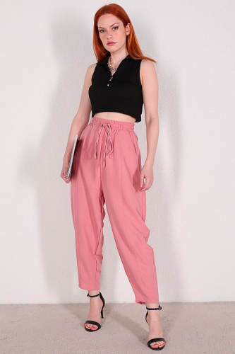 PNT-07296 Pudra Bel Lastikli Keten Kumaş Şalvar Model Pantolon - Thumbnail