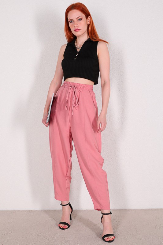 PNT-07296 Pudra Bel Lastikli Keten Kumaş Şalvar Model Pantolon