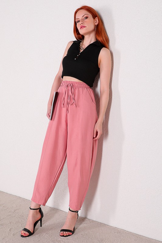 PNT-07296 Pudra Bel Lastikli Keten Kumaş Şalvar Model Pantolon