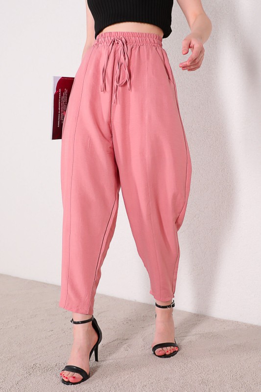 PNT-07296 Pudra Bel Lastikli Keten Kumaş Şalvar Model Pantolon
