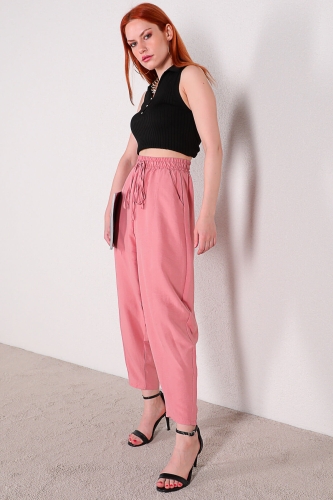 PNT-07296 Pudra Bel Lastikli Keten Kumaş Şalvar Model Pantolon - Thumbnail