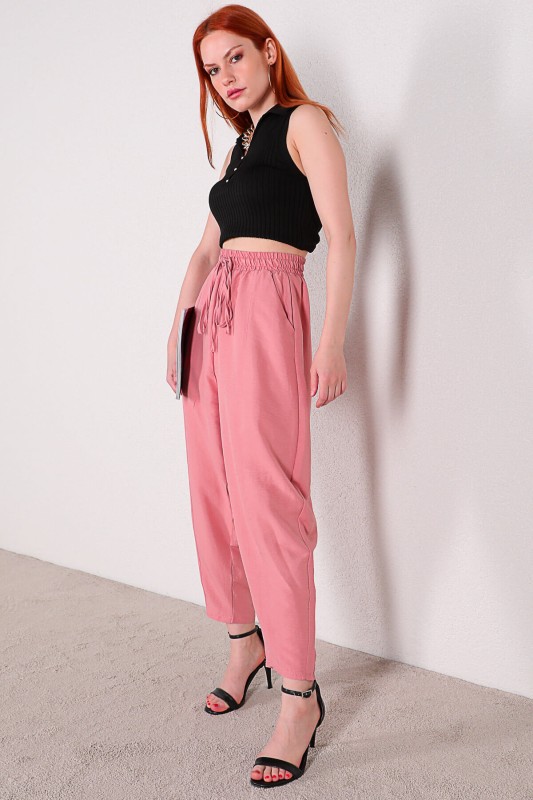 PNT-07296 Pudra Bel Lastikli Keten Kumaş Şalvar Model Pantolon