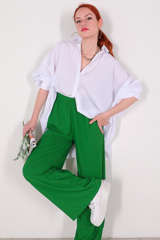 PNT-07297 Yeşil Bel Lastikli Salaş Tiril Pantolon