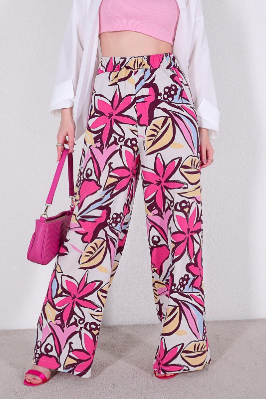 PNT-07299 Pembe Çiçek Desenli Keten Kumaş Salaş Pantolon