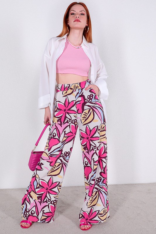 PNT-07299 Pembe Çiçek Desenli Keten Kumaş Salaş Pantolon