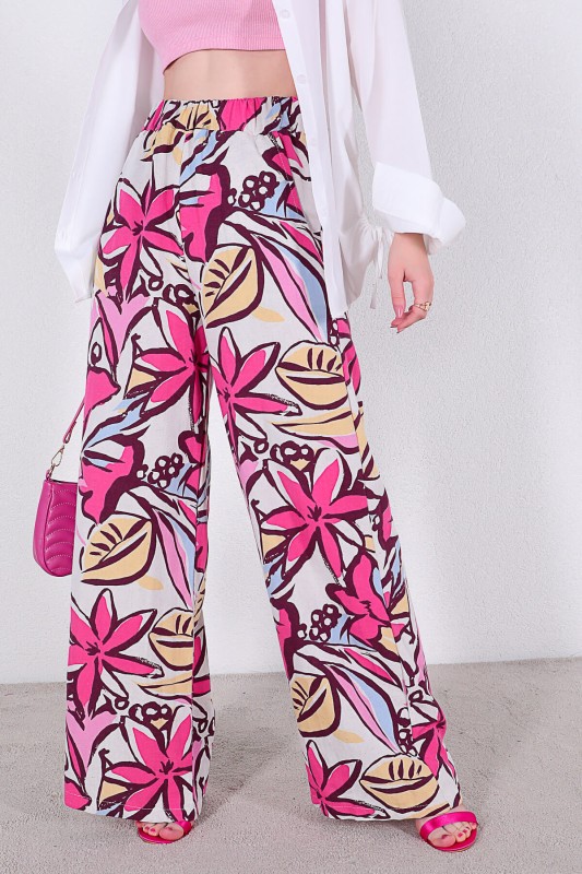 PNT-07299 Pembe Çiçek Desenli Keten Kumaş Salaş Pantolon