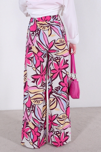 PNT-07299 Pembe Çiçek Desenli Keten Kumaş Salaş Pantolon - Thumbnail