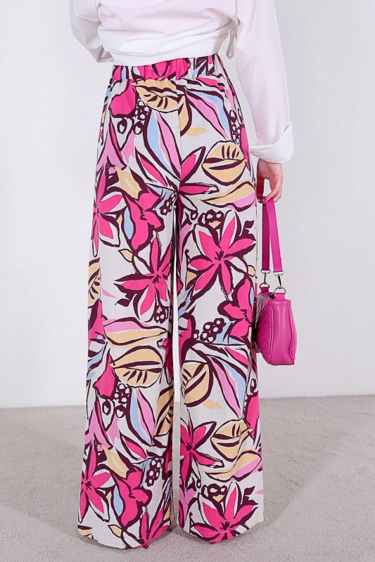 PNT-07299 Pembe Çiçek Desenli Keten Kumaş Salaş Pantolon