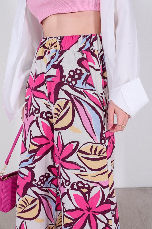 PNT-07299 Pembe Çiçek Desenli Keten Kumaş Salaş Pantolon