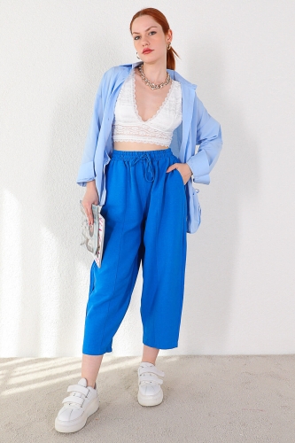 Cappmoda - PNT-07302 Mavi Keten Kumaş Yüksek Bel Şalvar Pantolon (1)
