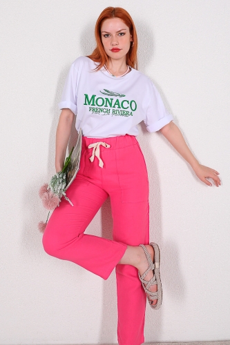 PNT-07304 Pembe Cep Detaylı Keten Kumaş Yüksek Bel Pantolon - Thumbnail