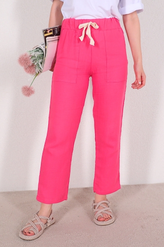 PNT-07304 Pembe Cep Detaylı Keten Kumaş Yüksek Bel Pantolon - Thumbnail