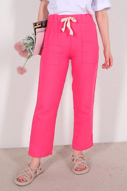PNT-07304 Pembe Cep Detaylı Keten Kumaş Yüksek Bel Pantolon