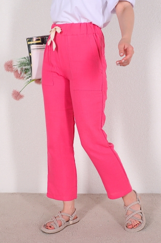 PNT-07304 Pembe Cep Detaylı Keten Kumaş Yüksek Bel Pantolon - Thumbnail