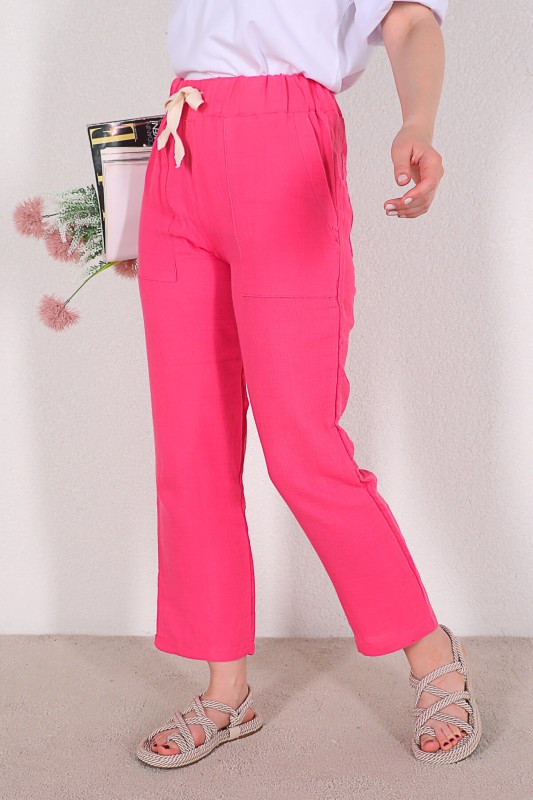PNT-07304 Pembe Cep Detaylı Keten Kumaş Yüksek Bel Pantolon