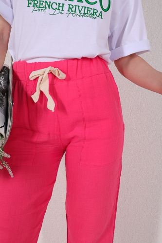 PNT-07304 Pembe Cep Detaylı Keten Kumaş Yüksek Bel Pantolon - Thumbnail
