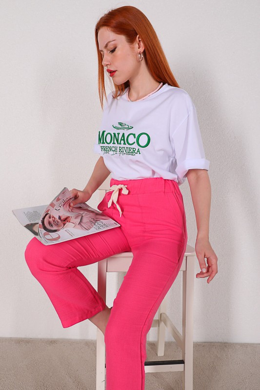 PNT-07304 Pembe Cep Detaylı Keten Kumaş Yüksek Bel Pantolon