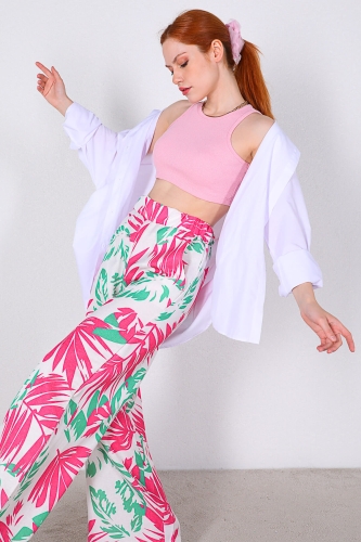 PNT-07307 Pembe Yaprak Desenli Keten Kumaş Salaş Pantolon - Thumbnail