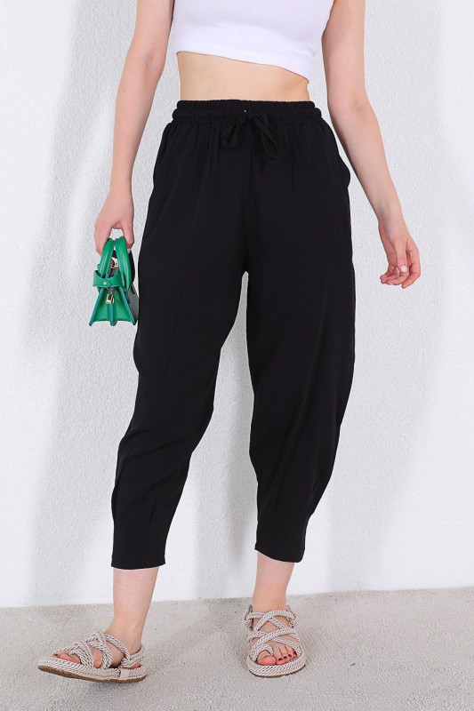 PNT-07308 Siyah Şalvar Model Bel Lastikli Keten Kumaş Pantolon