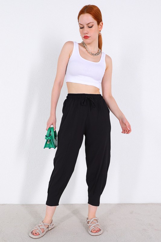 PNT-07308 Siyah Şalvar Model Bel Lastikli Keten Kumaş Pantolon