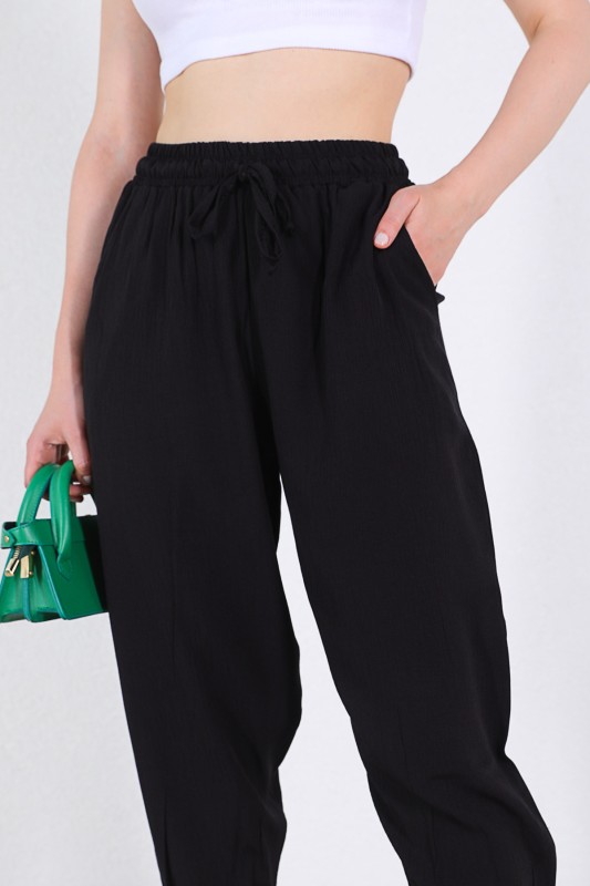 PNT-07308 Siyah Şalvar Model Bel Lastikli Keten Kumaş Pantolon