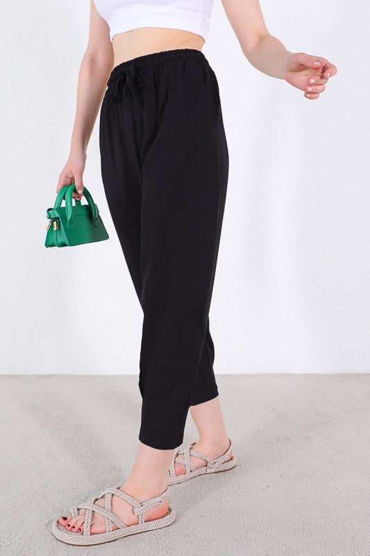 PNT-07308 Siyah Şalvar Model Bel Lastikli Keten Kumaş Pantolon