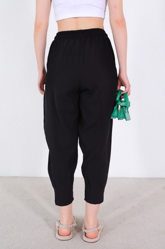 PNT-07308 Siyah Şalvar Model Bel Lastikli Keten Kumaş Pantolon - Thumbnail