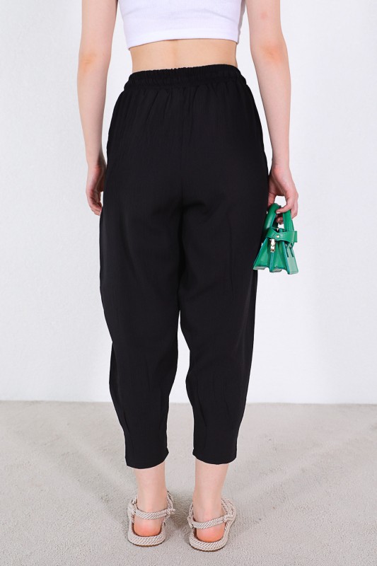 PNT-07308 Siyah Şalvar Model Bel Lastikli Keten Kumaş Pantolon