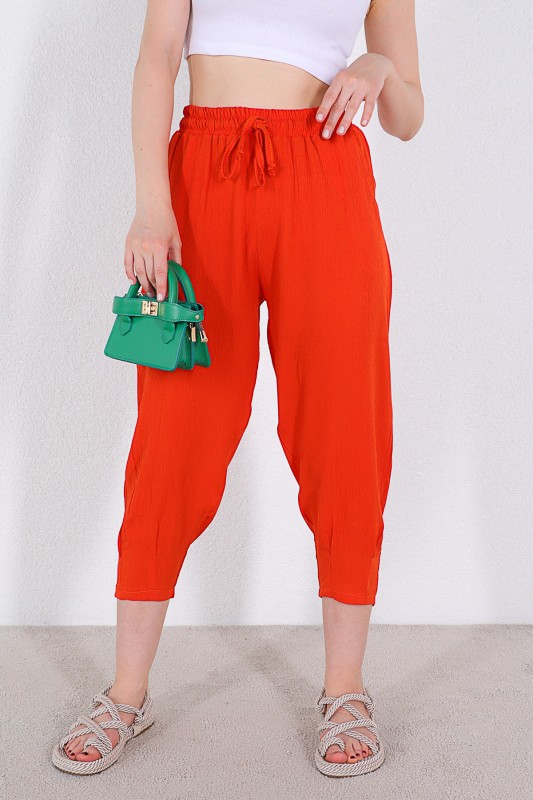 PNT-07308 Turuncu Şalvar Model Bel Lastikli Keten Kumaş Pantolon