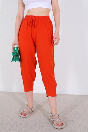 PNT-07308 Turuncu Şalvar Model Bel Lastikli Keten Kumaş Pantolon - Thumbnail