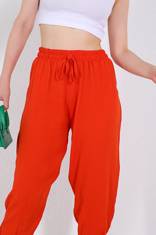 PNT-07308 Turuncu Şalvar Model Bel Lastikli Keten Kumaş Pantolon
