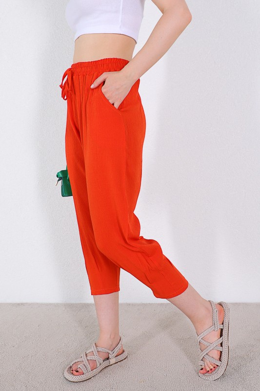 PNT-07308 Turuncu Şalvar Model Bel Lastikli Keten Kumaş Pantolon