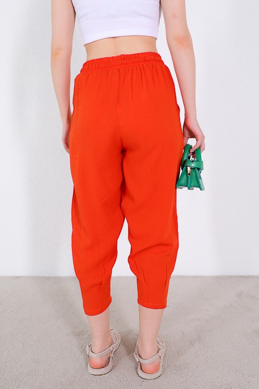 PNT-07308 Turuncu Şalvar Model Bel Lastikli Keten Kumaş Pantolon