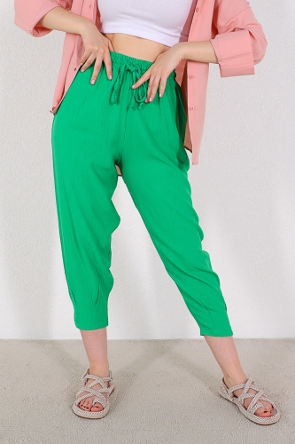 PNT-07308 Yeşil Şalvar Model Bel Lastikli Keten Kumaş Pantolon - Thumbnail
