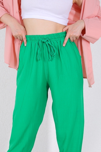Cappmoda - PNT-07308 Yeşil Şalvar Model Bel Lastikli Keten Kumaş Pantolon (1)