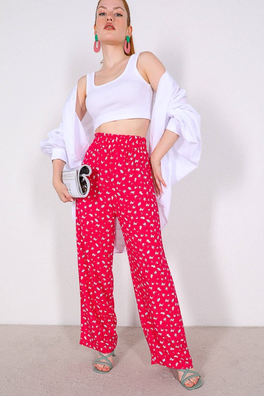 PNT-07310 Pembe Çiçek Desenli Bel Lastikli Salaş Pantolon