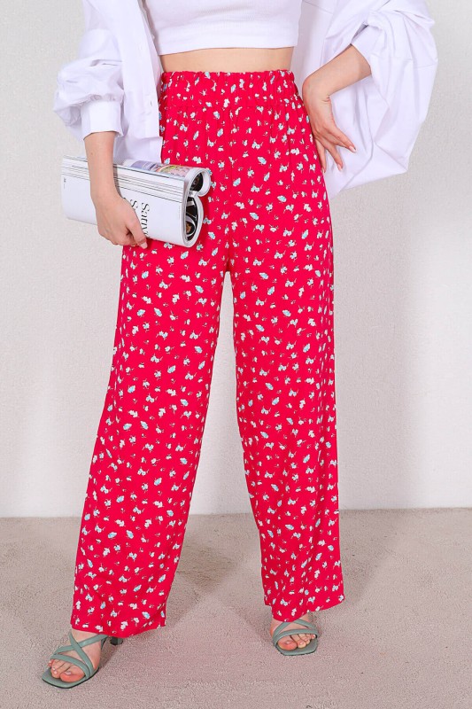 PNT-07310 Pembe Çiçek Desenli Bel Lastikli Salaş Pantolon